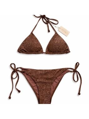 NWT PHAX Glitter String Bikini Set Brown Shimmer Triangle Tie Side Swim